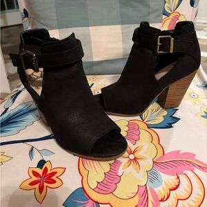 Fergie Black Open-Toe Cutout Ankle Booties with Buckle